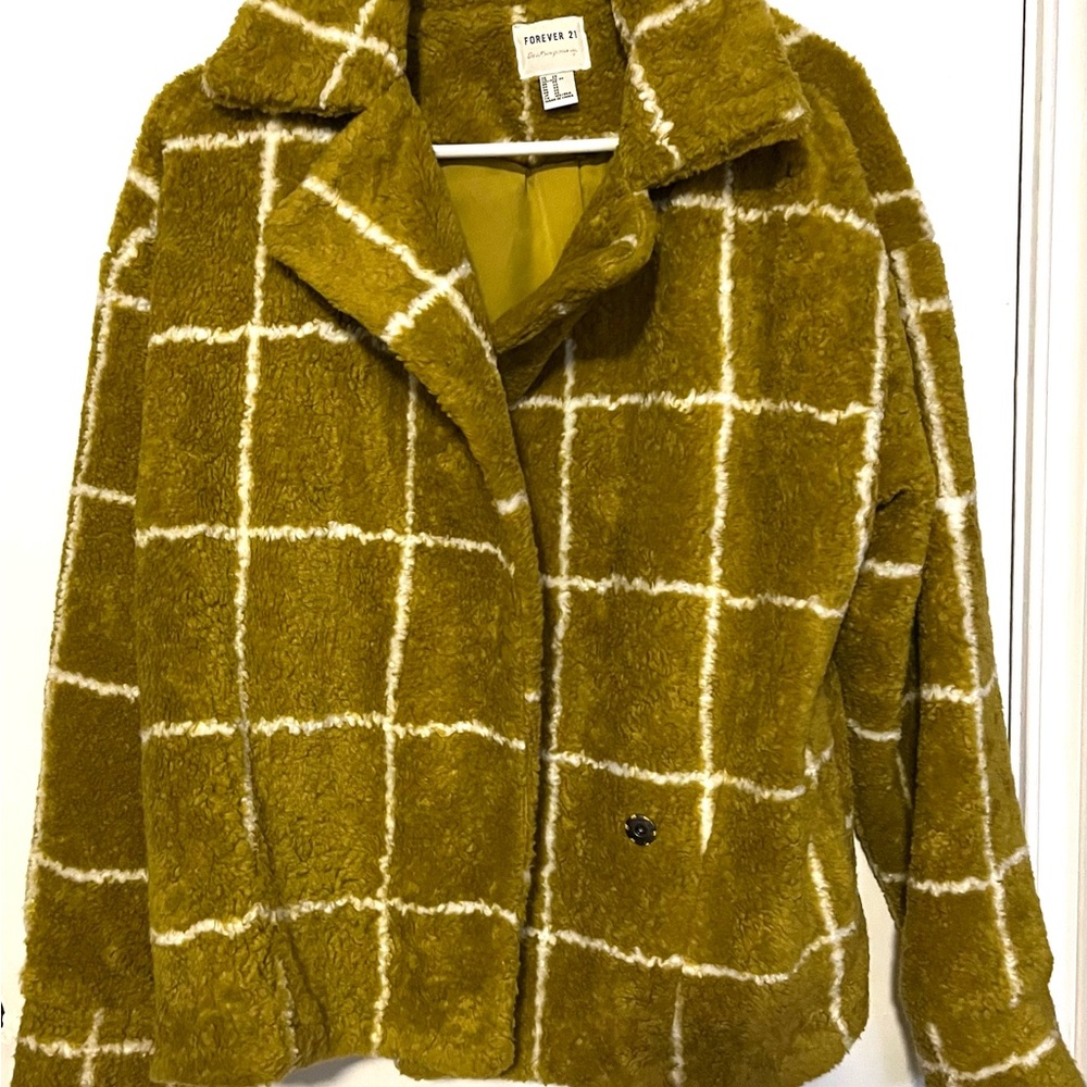 Forever 21 Women's Mustard Checkered Teddy Jacket